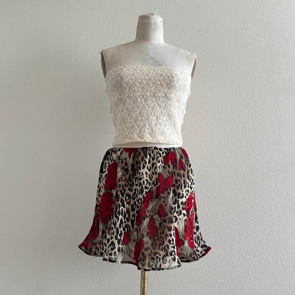 handmade red floral leopard print sheer mini skirt